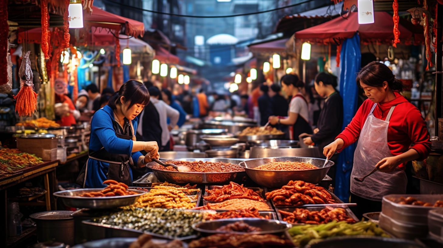 Ein Foto zeigt den belebten Gwangjang Market mit bunten Street-Food-Ständen.