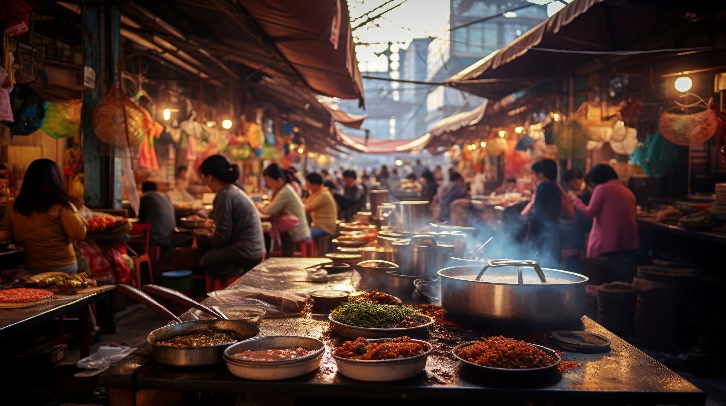 Ein Foto zeigt den belebten Gwangjang Market mit bunten Street-Food-Ständen.