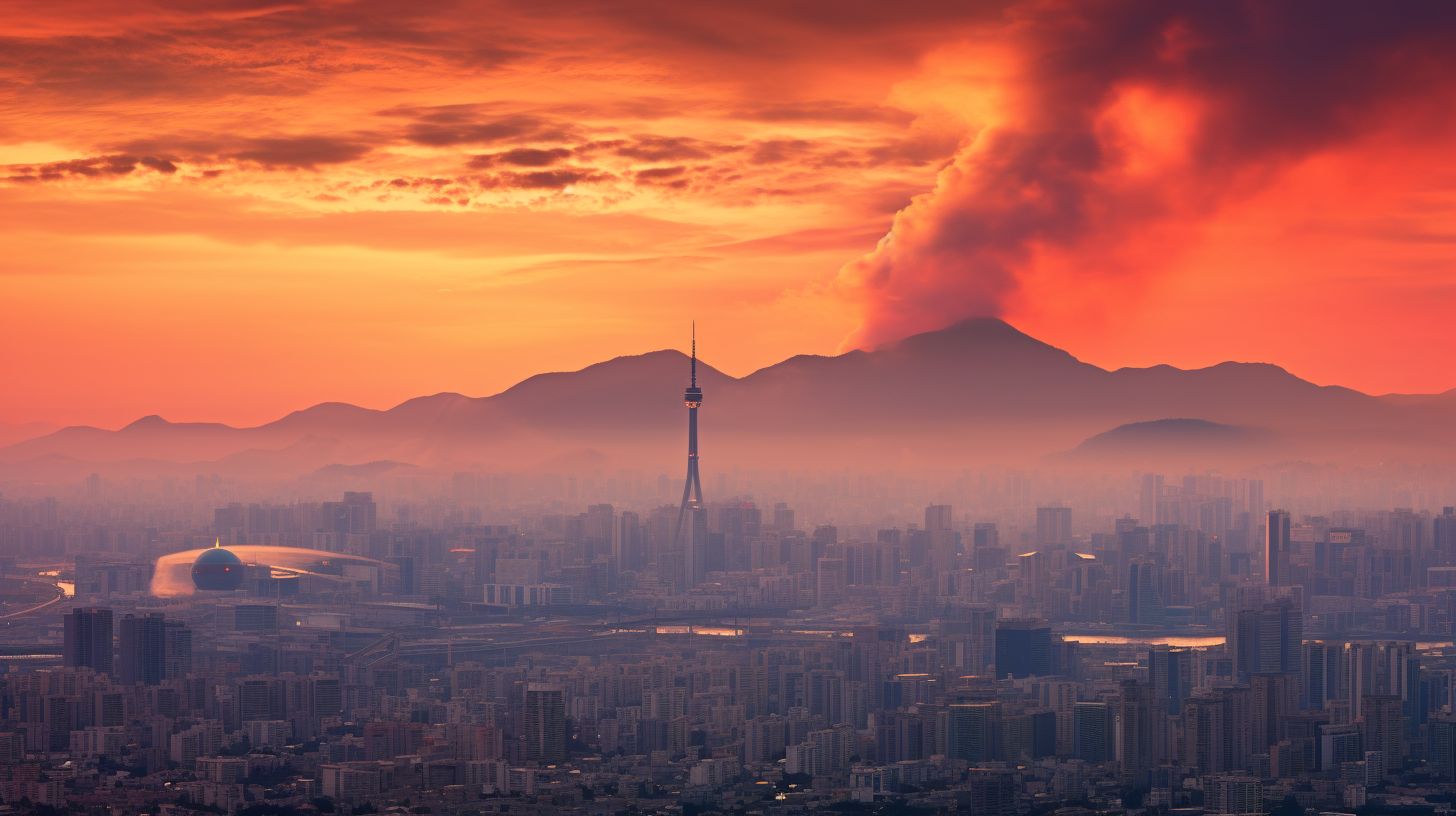 Ein Panoramablick auf Seouls lebendige Stadtlandschaft bei Sonnenuntergang.
