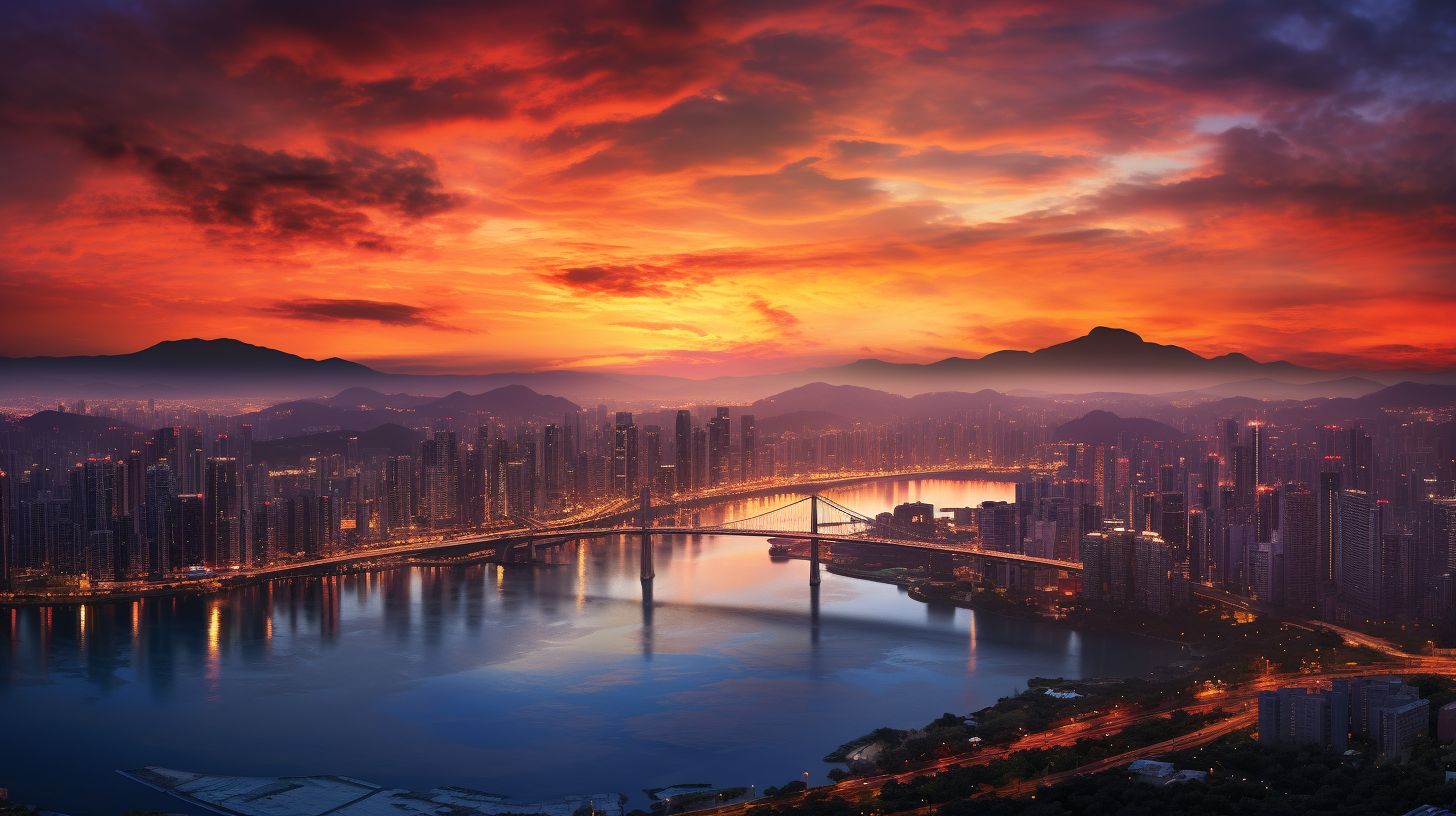 Ein Panoramablick auf Seouls lebendige Stadtlandschaft bei Sonnenuntergang.