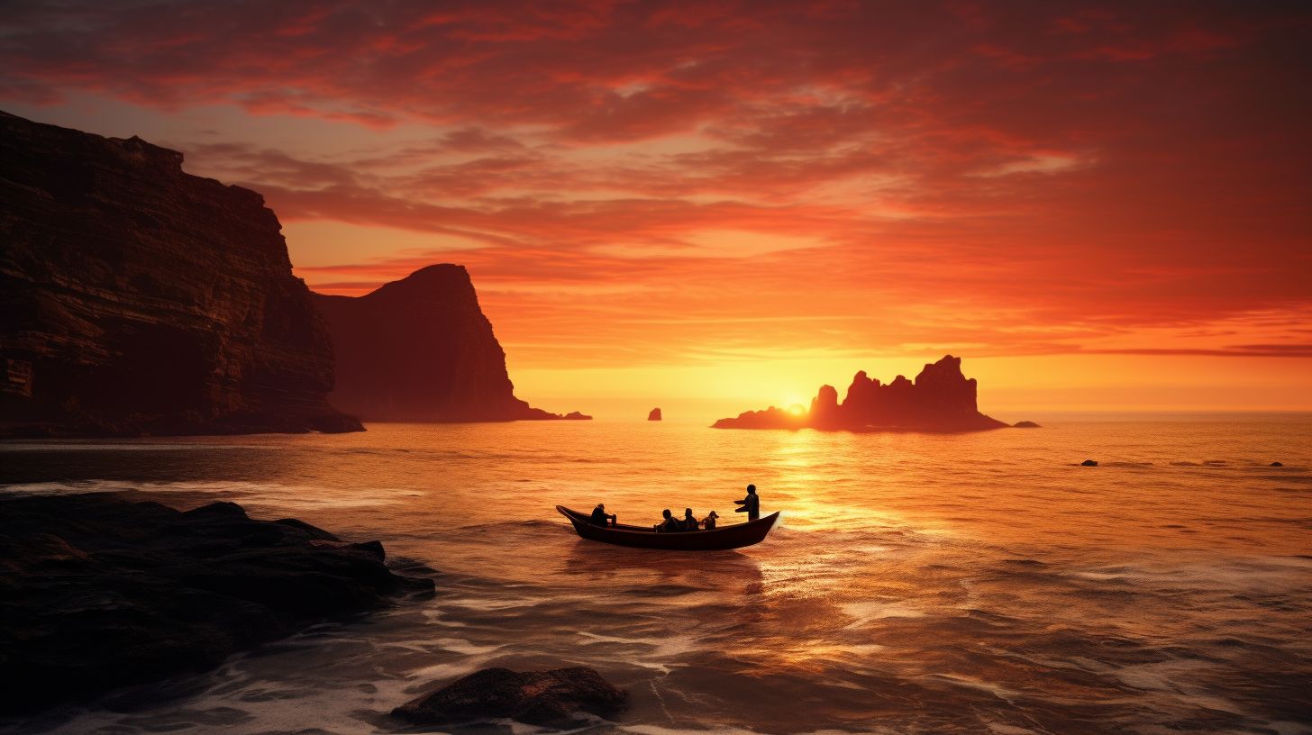 Ein Paar genießt den Sonnenuntergang mit Fischerbooten und Klippen.