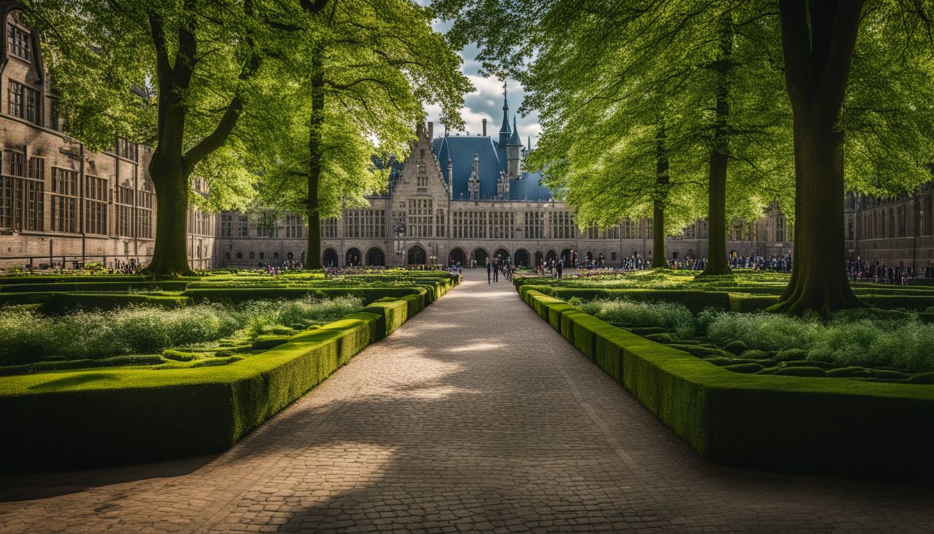 Eine Fotografie des ikonischen Binnenhofs umgeben von üppigem Grün und Stadtpanoramablick.
