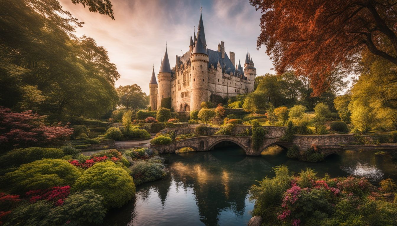 Ein majestätisches Schloss umgeben von verzaubernden Gärten in einer belebten Stadt.