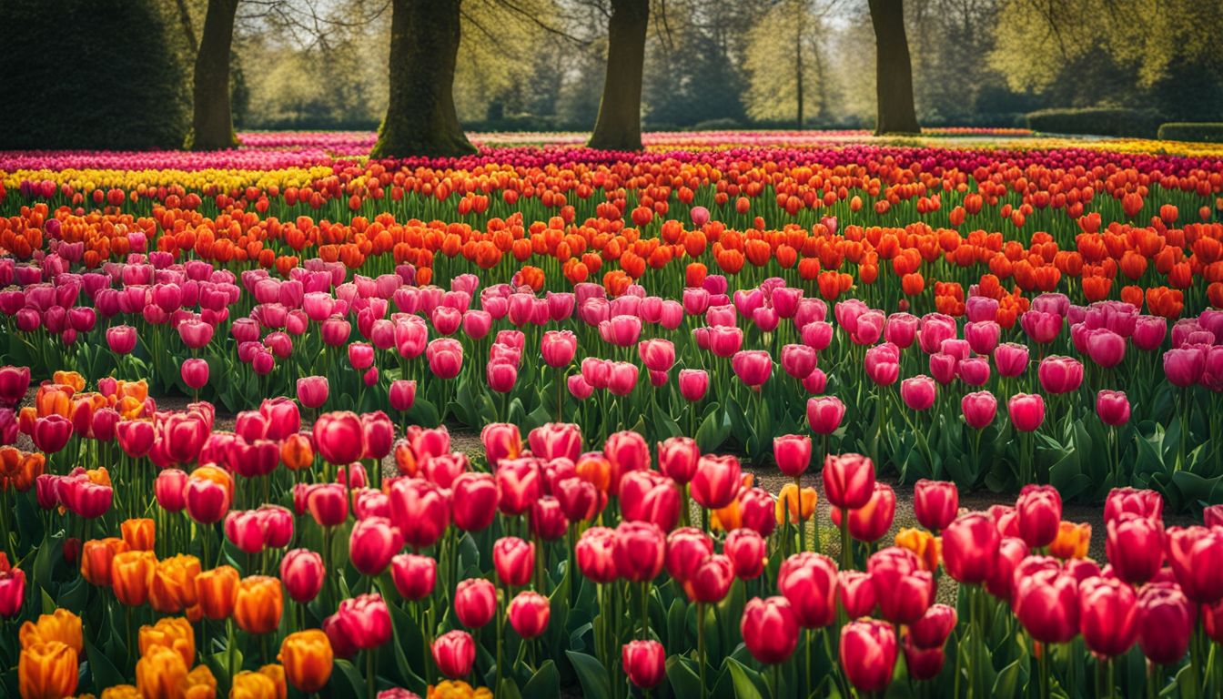 Eine lebendige Szene von blühenden Tulpen in Keukenhof Gardens.