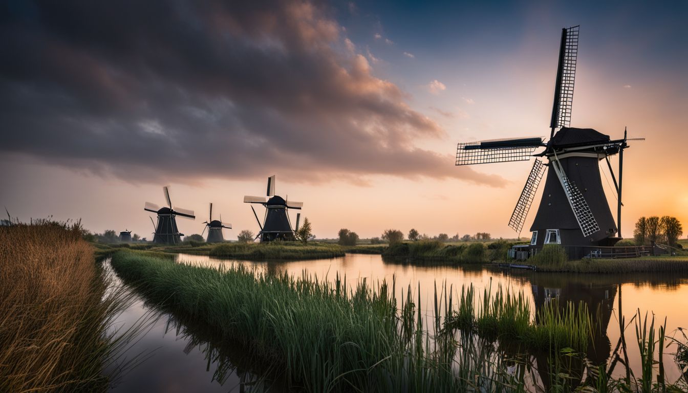 Ein Foto von den historischen Windmühlen von Kinderdijk mit der malerischen niederländischen Landschaft und verschiedenen Menschen.