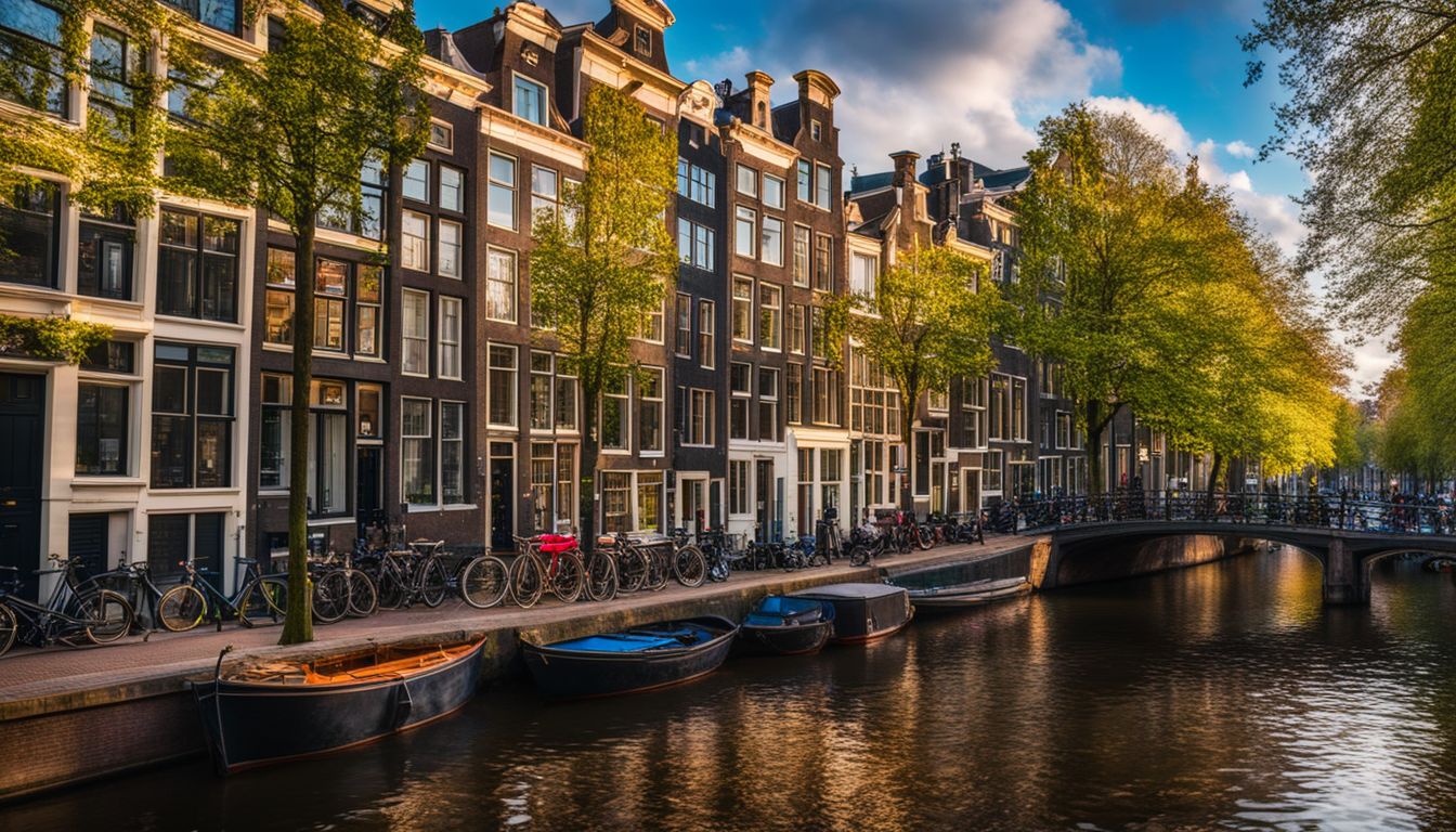 Ein Foto der ikonischen Kanäle von Amsterdam mit bunten historischen Gebäuden.