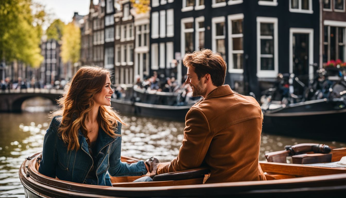 Ein Paar genießt eine Bootstour durch die Kanäle von Amsterdam.