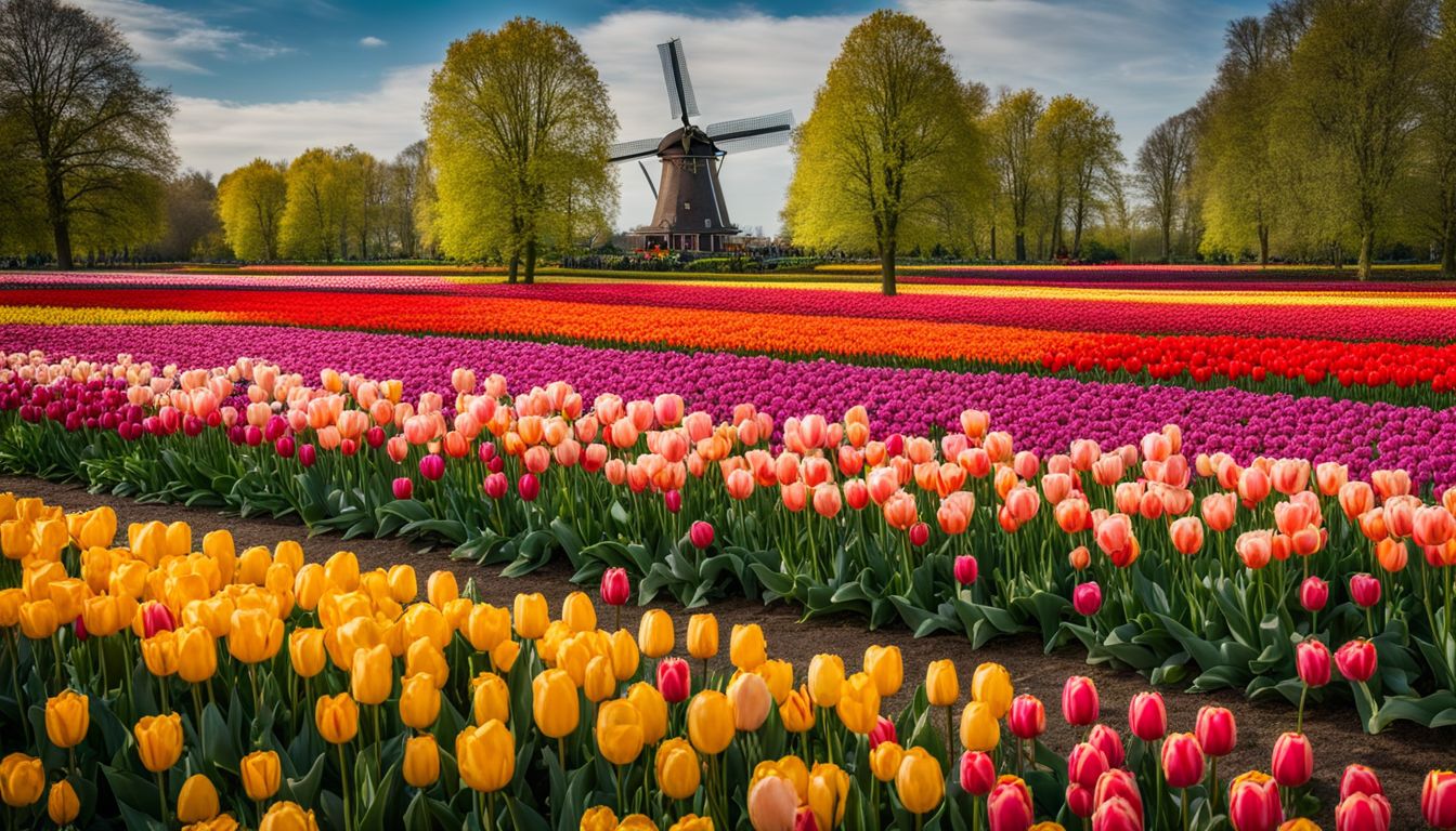 Ein Foto von bunten Tulpenfeldern in Keukenhof Gardens umgeben von Windmühlen.