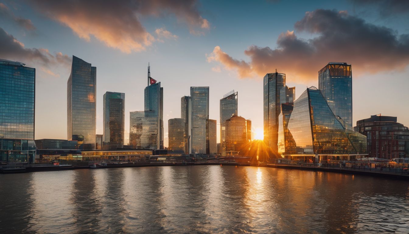 Eine Gruppe junger Leute genießt den modernen Stadtblick von Rotterdam bei Sonnenuntergang.