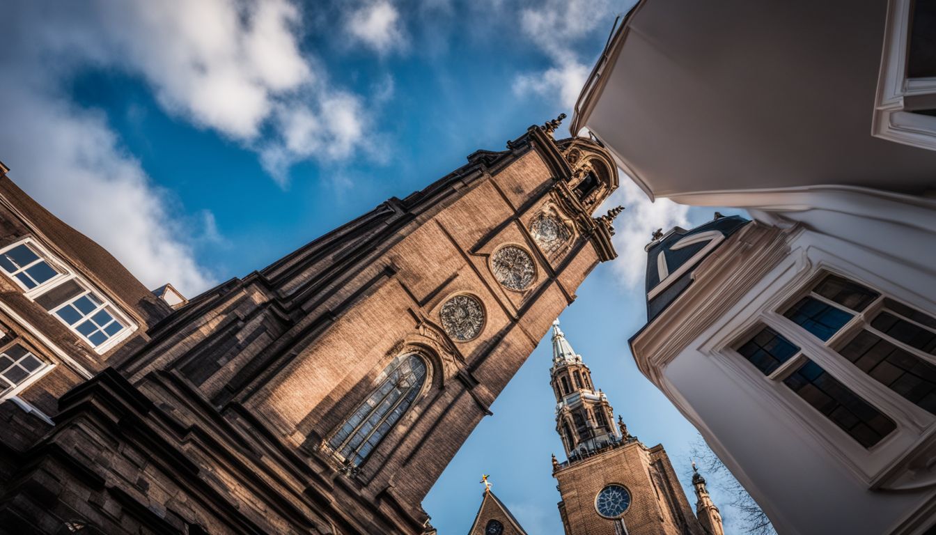 Ein belebter Straßenblick auf den Westerkerk-Turm.