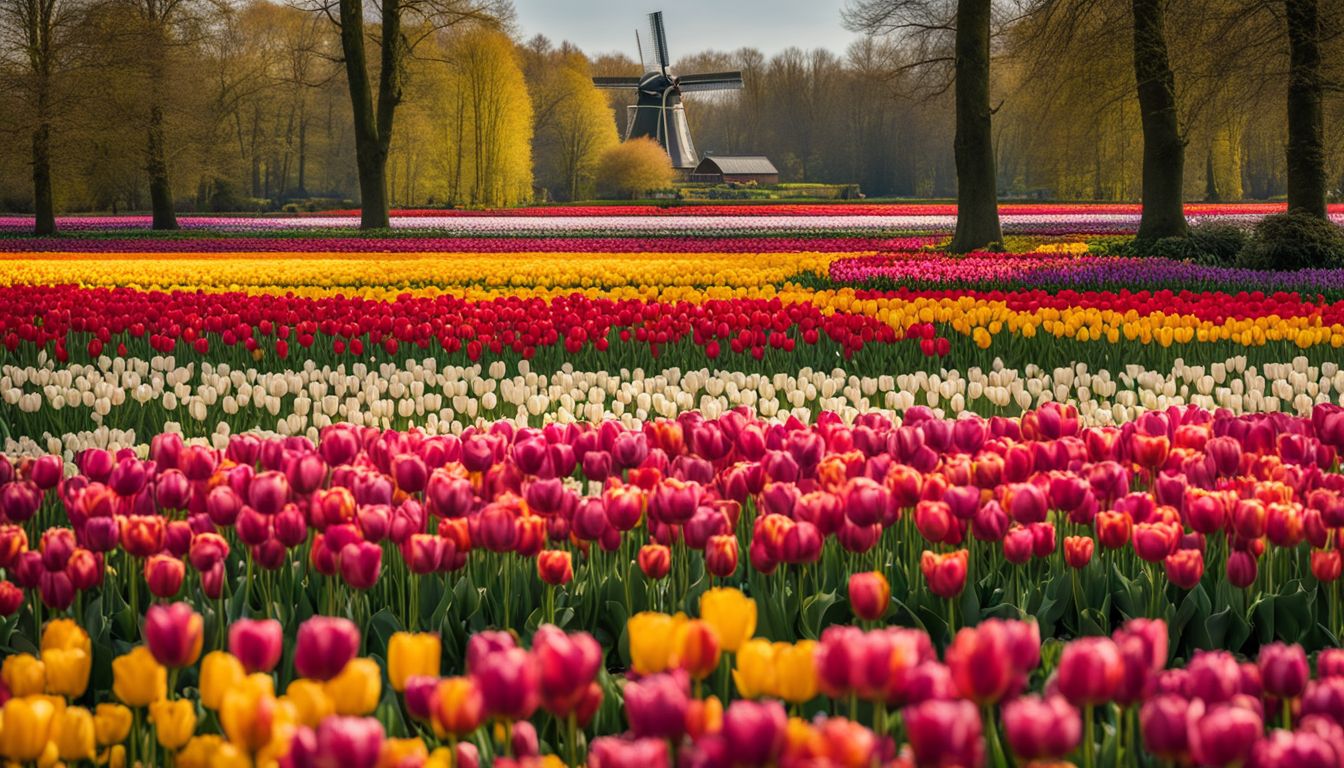 Bunter Tulpenfelder mit Windmühlen im Hintergrund in Keukenhof.