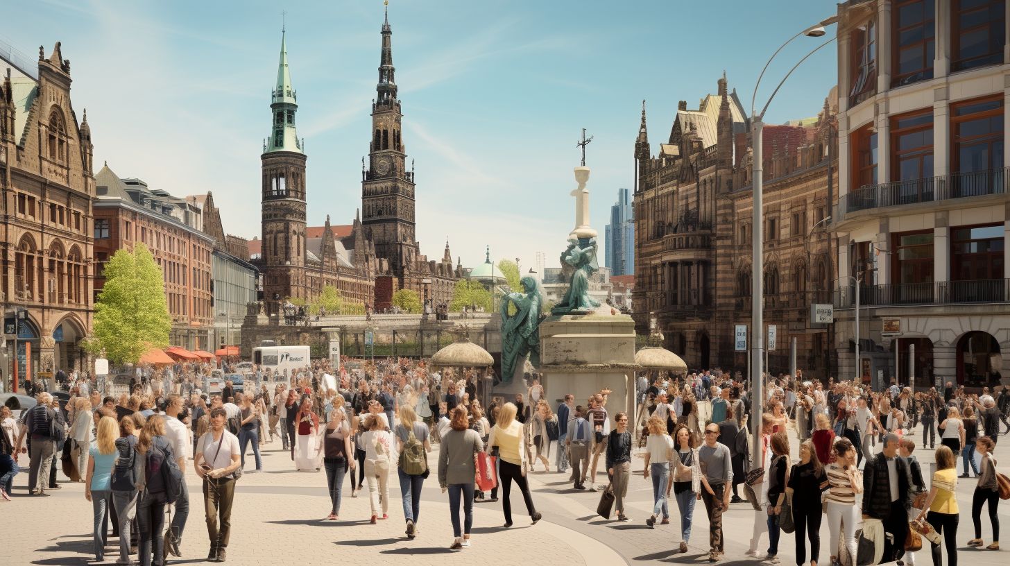 Die Fotografie zeigt eine Gruppe Touristen, die Hamburger Wahrzeichen erkunden. Die Fotografie zeigt eine Gruppe Touristen, die Hamburger Wahrzeichen erkunden.