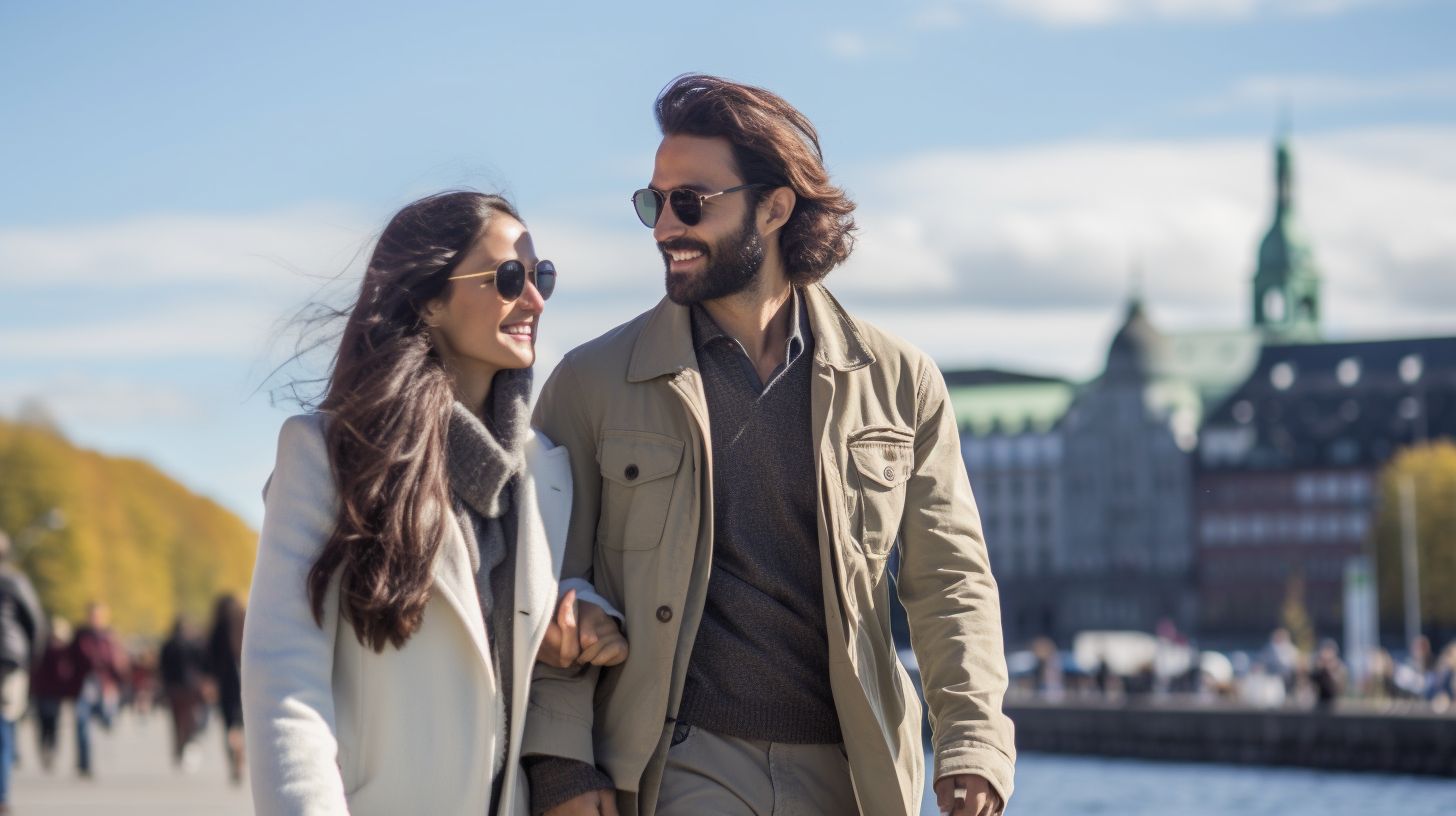 Ein glückliches Paar spaziert entlang des Jungfernstiegs am Binnenalster.